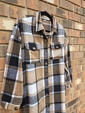 Plaid Button-Up Shacket in Camel, Black & White